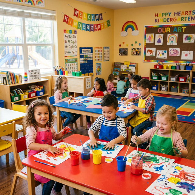 Children learning in a bright classroom